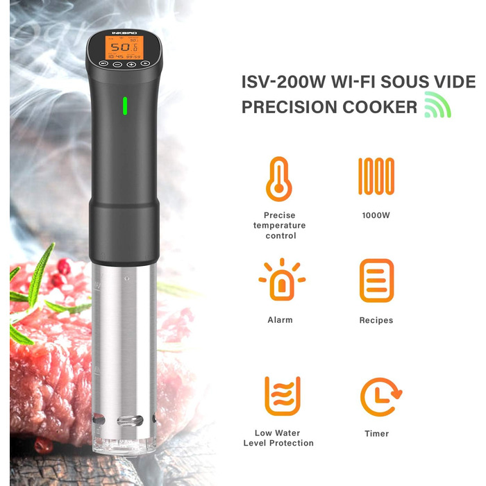 Вт, ISV-200W Sous Vide Cooker App Control, циркуляція 360, температура 0C-90C, 1000