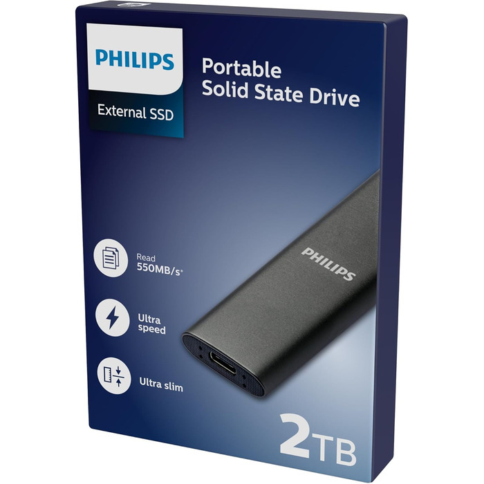 Зовнішній портативний SSD-накопичувач Philips на 2 ТБ - ультратонкий SATA Ultra Speed USB-C, швидкість читання до 550 МБ/с, алюміній