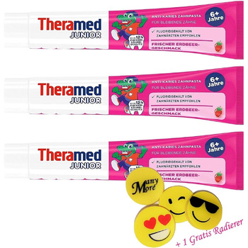 Мл Theramed-Junior Strawberry Toothpaste (від 6) без м'яти та ментолу Зубна паста Дитяча зубна паста 1 безкоштовний ластик від ManyMore*, 3 шт., 75