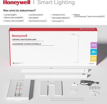 Світлодіодний торшер Honeywell Modern - 02E Pro Sunturalux Eye Caring Натуральний стоячий світильник, 10040 лм з можливістю затемнення, денне світло 100 Вт, 4000K, 77 Читання Висока лампара для домашнього офісу, вітальні, спальні