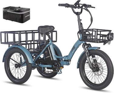 Триколісний велосипед Fafrees E Bike F20 Mate, складний велосипед ebike 20'* 3.0 дюйма, вантажний велосипед для дорослих 48V 18.2Ah акумулятор, електронний велосипед 3 колеса 65N.m 25 км / год, триколісний велосипед для людей похилого віку синій передній 