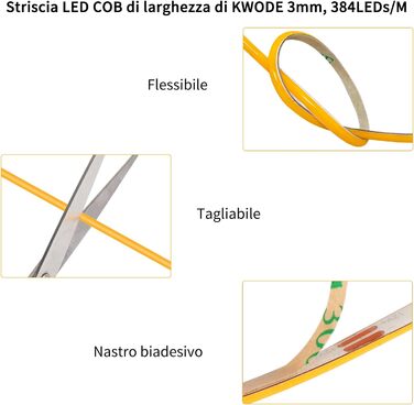 Світлодіодна стрічка KWODE COB 3000K Тепла біла, 2M 768LED, світлодіодна стрічка COB з можливістю затемнення шириною 3 мм, гнучка світлова стрічка 12 В постійного струму з джерелом живлення та радіочастотним пультом дистанційного керування для вітальні, с