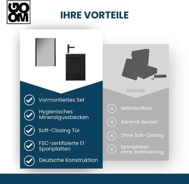 Набір гостьового туалету GOOM 40 см Меблі для ванної кімнати Попередньо зібраний невеликий умивальник з нижньою тумбою (умивальник дзеркальна шафа, чорний)