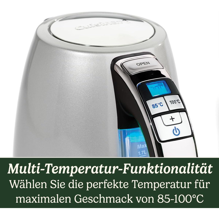 Чайник Cuisinart Multi-Temp Швидке кип'ятіння, 3 кВт Бездротовий зв'язок Оздоблення з нержавіючої сталі Ємність 1,7 л Регульована температура Знімний фільтр проти накипу, який можна мити Срібло Variable Temp 1,5 л Срібло