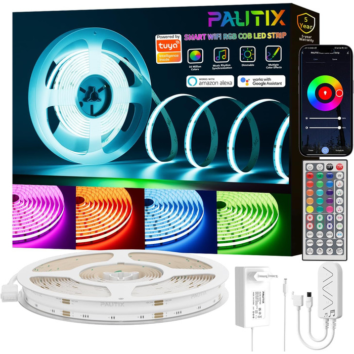 Світлодіодна стрічка PAUTIX WIFI RGB COB 10M, багатобарвна світлодіодна стрічка з можливістю затемнення 24 В, працює з Alexa/Google Assistant/Tuya Світлодіодна стрічка, що змінює колір, для ігрової кімнати, набір прикрас RGB своїми руками для вечірки 10 М