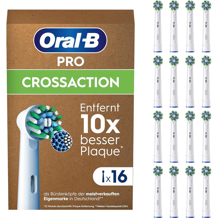 Щітки Oral-B Pro CrossAction для електричної зубної щітки, 12 шт. , чудове чищення зубів, X-щетина, оригінальна насадка для зубної щітки Oral-B, упаковка, готова до поштової скриньки, Зроблено в Німеччині (16 шт. (1 упаковка), Біла)