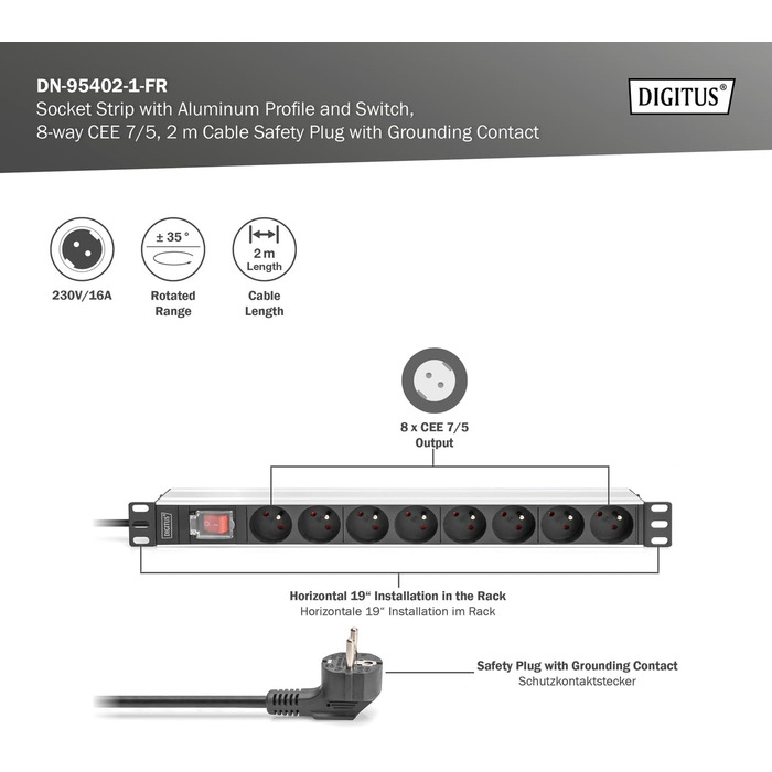 Подовжувач живлення DIGITUS 19 - - 1U - 250 В змінного струму - 50/60 Гц - 16 А - 4000 Вт (8 кранів, перемикач, версія FR)