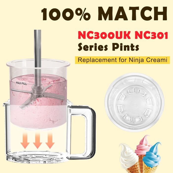 Контейнери GINOYA Creami для Ninja NC300EU, 4 шт. и Аксесуари для льодогенератора Ninja Creami, кружка для виробництва морозива, сумісна з Ninja Ice Cream Maker NC300EU NC301EU(Не підходить для Deluxe NC501) Поліпропілен (контейнер), Полікарбонат (кришка)