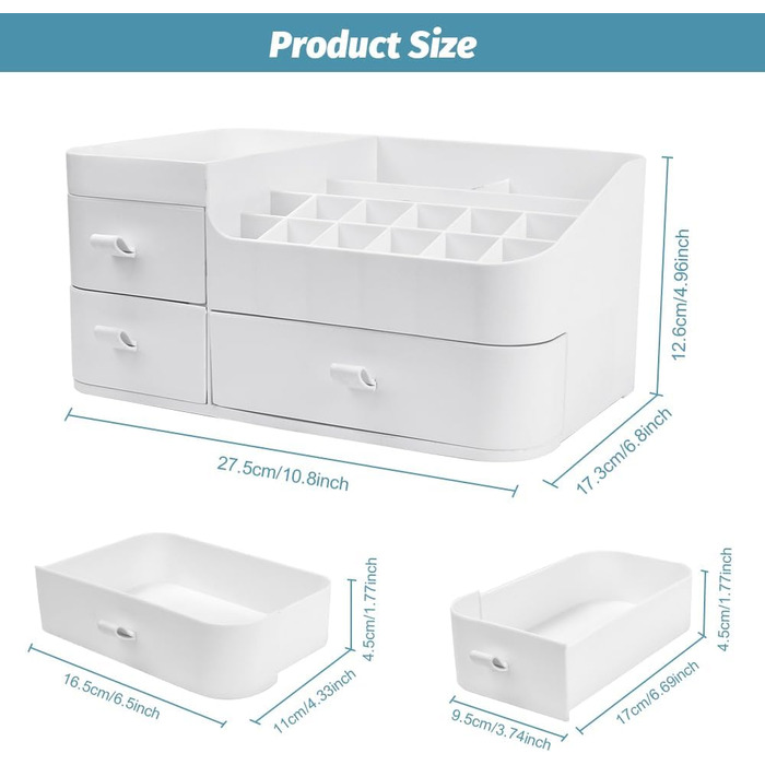 Органайзер для макіяжу Коробка для зберігання косметики з шухлядами Туалетний столик Органайзер Коробка для макіяжу Органайзер для краси Велика косметика для зберігання косметики Коробка для лаку для нігтів Губна помада 3 шухляди Білий