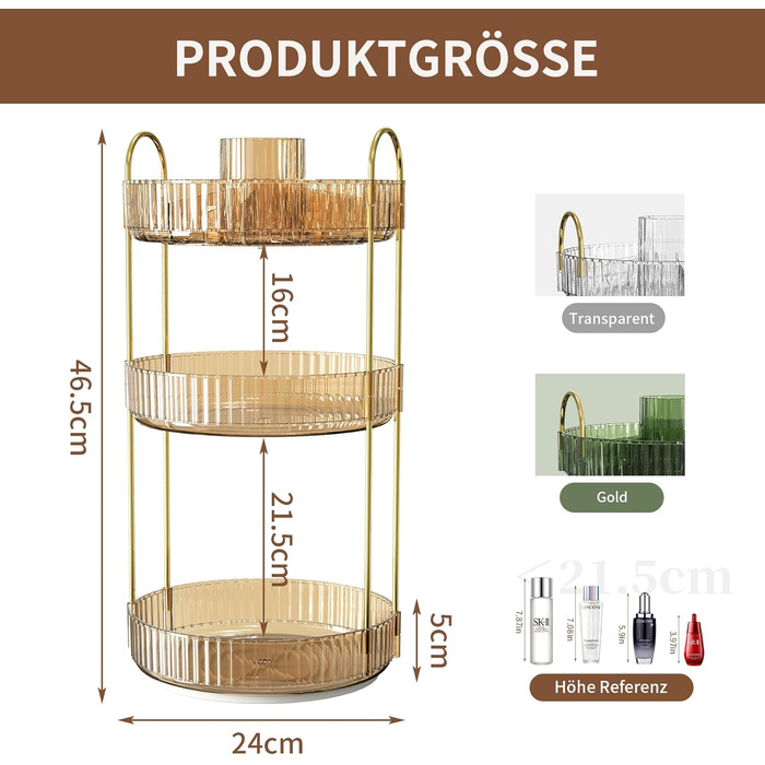 Обертовий органайзер для макіяжу Косметичний органайзер 3 яруси Органайзер для макіяжу для догляду за шкірою Косметична полиця Зберігання косметики з пензликом Органайзер для комода, ванної кімнати, золото Gold 3 яруси, 360