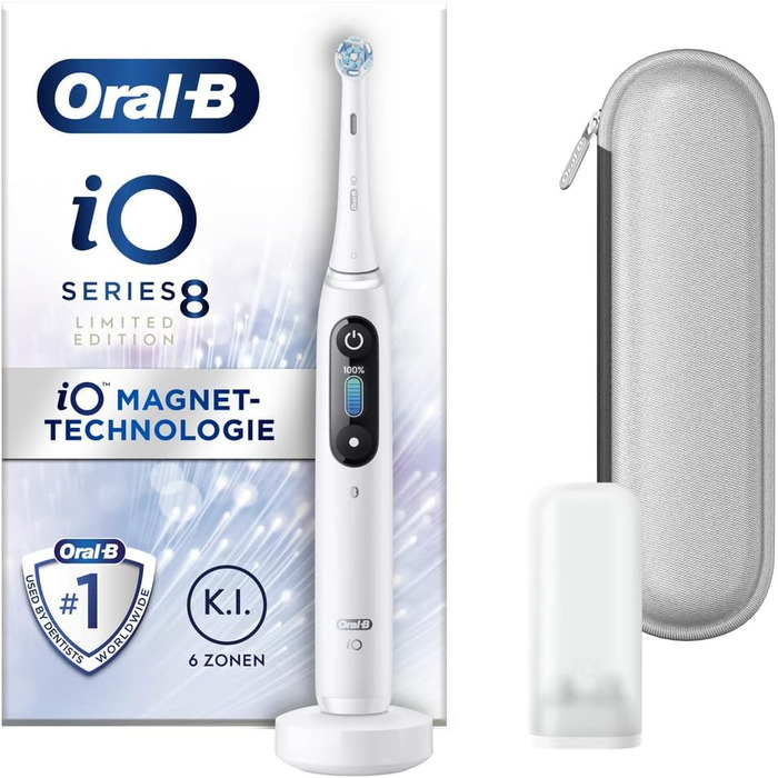 Електрична зубна щітка Oral-B iO Series 8, 6 режимів чищення для догляду за зубами, магнітна технологія, кольоровий дисплей і дорожній кейс, обмежена серія, білий алебастр