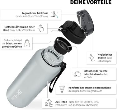 Пляшка для води 720DGREE 1л Sport 'uberBottle softTouch Sieb - Без BPA - Пляшка для води для універу, роботи, фітнесу, велосипеда, активного відпочинку, роботи - спортивна пляшка з тритану - легка, ударостійка, багаторазова (1500 мл, світло-сірий - сірий 