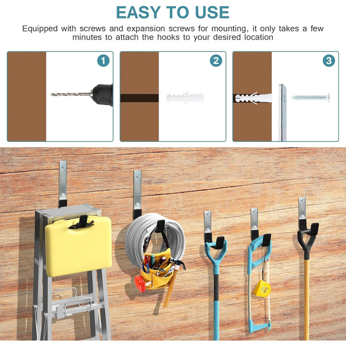 Набір Mynoozi з 6 надміцних J-подібних гачків, настінні гачки для комунального гаража, надміцні сталеві гачки для підвішування садових інструментів, велосипедів, спортивного інвентарю, громіздких предметів (2S & 2M & 2L)