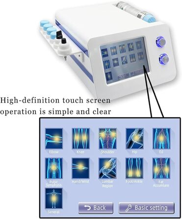 Інструмент для ударно-хвильової терапії, пристрій для сфокусованої екстракорпоральної ударно-хвильової терапії з 7 масажними головками, 25 енергетичних реакцій (10250 МДж)/16 регульованих частотних характеристик, для полегшення болю