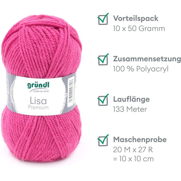 Пряжа Grndl Lisa Premium Uni Knitting & Chet Yarn (м'яка і вовняна характер, проста в догляді миється трикотажна пряжа з 100 поліакрилу, 50 г/ 133 м, розмір голки 3,5 - 4,5, 10 клубків по 50 г кожен), (рожевий 44)