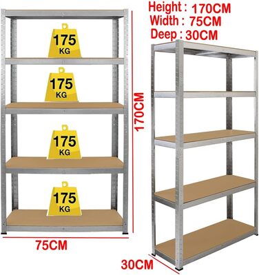 Рівнева полиця для важких умов експлуатації, стелаж для зберігання, полиця для гаража, металева полиця оцинкована - 170 см x 75 см x 30 см 170 см x 75 см x 30 см, 5-