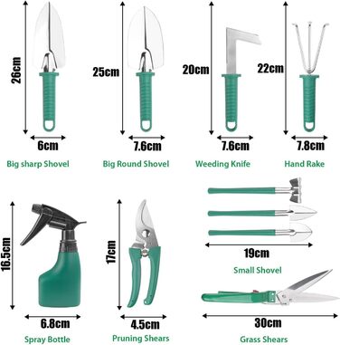 Набір садового інструменту LATERN 10 предметів, садовий ручний інструмент з нержавіючої сталі з ергономічною ручкою, лопата і секатор, граблі, розпилювач води, садові подарунки для жінок, чоловіків (37см х 28см)
