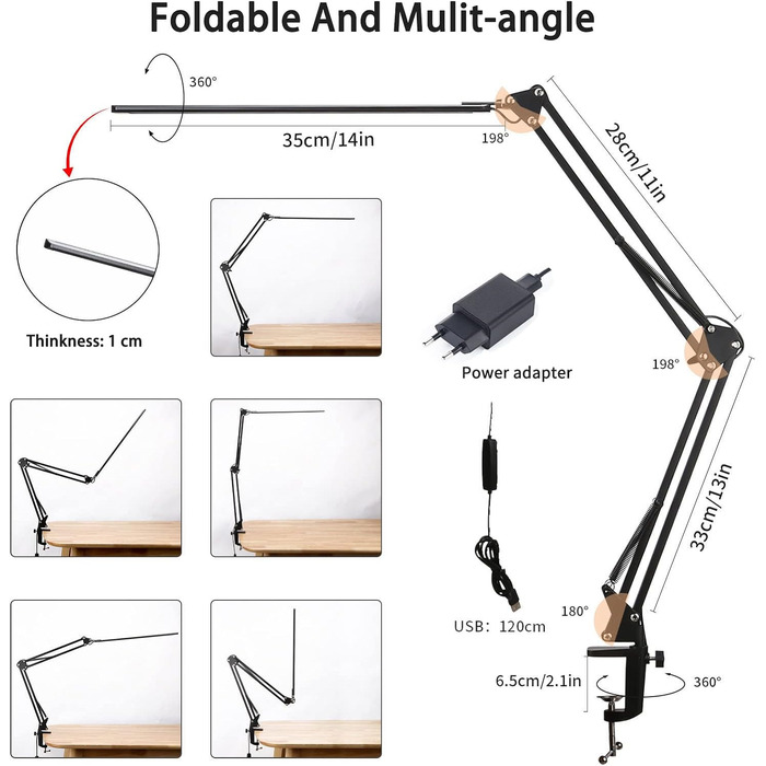 Настільна лампа світлодіодна, затискна лампа архітектора з можливістю затемнення з поворотним кронштейном, функцією пам'яті та портом USB, 3 колірними температурами та 10 рівнями яскравості для читання, роботи, навчання, 12 Вт чорний