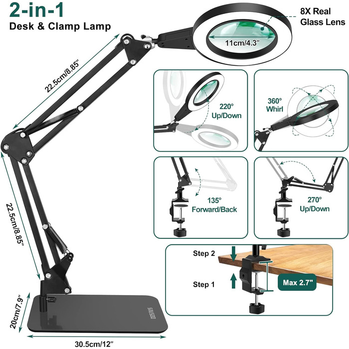 Діоптрійна лупа зі світлом і підставкою, сенсорне керування, світлодіодна лампа-лупа 2-в-1, настільна лампа з великим цоколем і затискачем, 3 колірні режими затемнення, лампа-лупа для хобі-ремесел, чорна SASPCB, 20