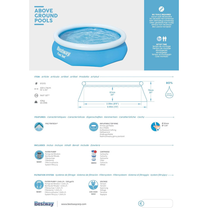 Набір для наземного басейну Bestway Fast Set з фільтруючим насосом Ø 305 x 76 см, блакитний, круглий