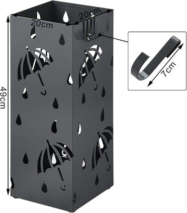 Залізна підставка для парасольки WOLTU, L20 x W20 x H49 см, підставка для парасольки з піддоном для крапель води, 4 гачки для складання парасольок, антрацитовий прямокутник SST02an