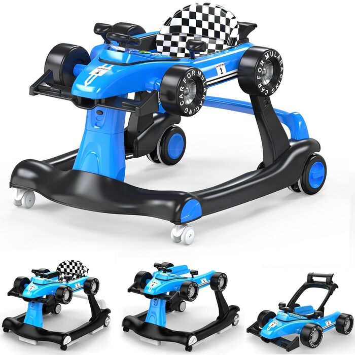 Ходунки Sun Baby 3in1 з регульованим по висоті автомобілем, Formula Racing, інтерактивні та складні з запобіжним стопором, кнопками, світлом і звуком від 6 місяців (синій)