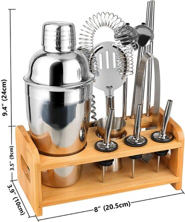 Набір для коктейлів Hossejoy, набір шейкерів з нержавіючої сталі, набір для барменів з 14 предметів з підставкою Better Bamboo, мірною чашкою і барною ложкою, подарунковий набір для коктейлів 550 мл для дому або бару