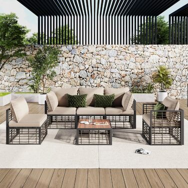 Набір садових меблів Merax з подушками Poly Rattan Lounge Balcony Set Група сидінь з 5 одномісними диванами (1 з підлокітниками, 2 кутових, 2 без підлокітників) і 1 журнальним столиком 196x66x70см Бежевийсірий