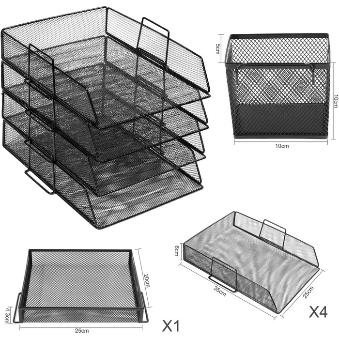 Штабельований лоток для листів Cinnani з металевим тримачем для ручок, 4 яруси, лоток для органайзера для паперу, який можна штабелювати, з настільною підставкою, папками, листами, папером, металевим лотком-органайзером для столу (чорний)