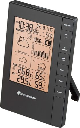Бездротова метеостанція Bresser з зовнішнім датчиком TemeoTrend FSX з 3-денним прогнозом, фазою місяця, попередженням про заморозки, атмосферним тиском, вологістю, температурою та вбудованим будильником Одномісна