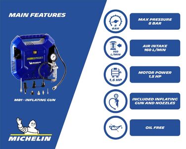 Портативний повітряний компресор Michelin MB1, безмасляний повітряний компресор зі шлангом 1 м, компресор шин з манометром і 6 перехідниками клапанів, максимальний тиск 8 бар, потужність 1,5 к.с.