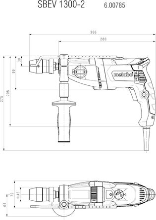 Ударний дриль-шуруповерт Metabo SBEV 1300-2 - 600785500 - З постійною частотою обертання під навантаженням для універсального свердління - довжина кабелю 4 м