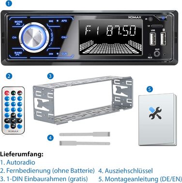 Автомобільна стереосистема XOMAX XM-R271 із системою гучного зв'язку Bluetooth, FM, 7 кольорів освітлення, зарядна станція для смартфона через 2-й порт USB, USB, SD, MP3, AUX-IN, 1 DIN