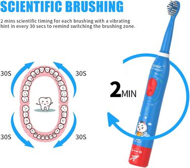 Звукова електрична зубна щітка для дітей, акумуляторна зубна щітка для дітей віком від 3 до 12 років з 30-секундним нагадуванням, 2-хвилинним таймером, 6 режимами, 6 насадками для щітки Blue/8630 (упаковка може відрізнятися)