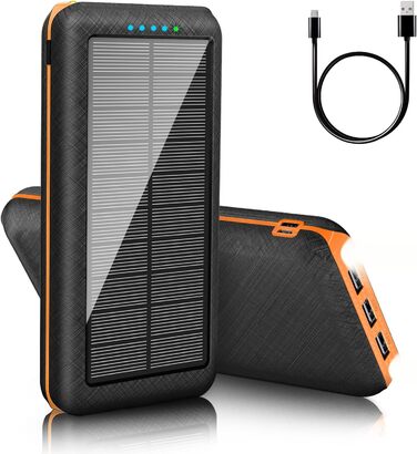 Зовнішня батарея Solar Powerbank ємністю 25800 мАг Портативний зарядний пристрій Power Bank зі світлодіодним підсвічуванням, 3 USB-виходами та 2 входами. Акумулятор для мобільного телефону для кемпінгу на природі, сумісний із телефоном Android (помаранчев