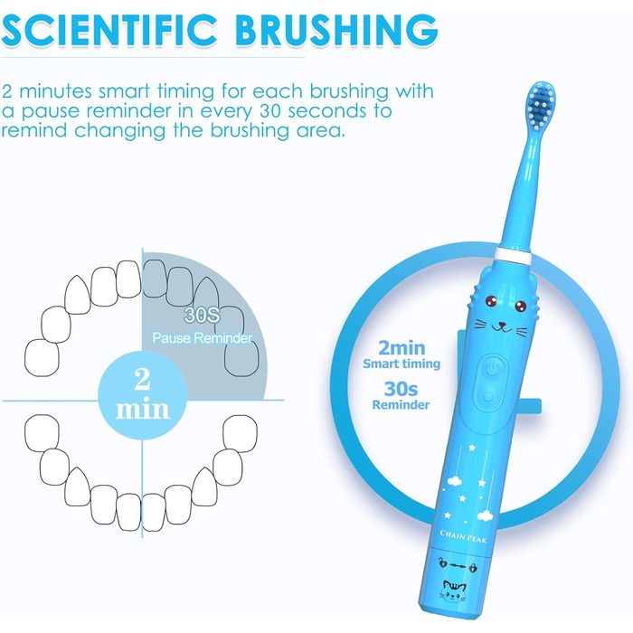 Дитяча звукова електрична зубна щітка, акумуляторна зубна щітка для дітей, звукова зубна щітка для хлопчиків віком від 3 до 12 років з нагадуванням про 30 секунд, таймер на 2 хвилини, 6 режимів, 4 насадки для щітки 8650 синій 4 головки підставка
