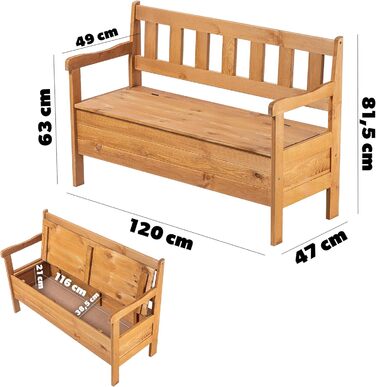 Садова лава, 120x47x81.5см Лавка-скриня з ДВП, Лавка з місцем для зберігання та спинкою, Погодостійка дерев'яна лавка для саду, балкон (120см/коричневий)