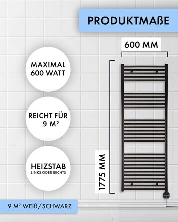 Електричний радіатор для ванної кімнати anapont 1775hx600b - чорний - з функцією таймера - рушникосушка - електричний обігрівач для ванної кімнати - рушникосушка для ванної кімнати - зроблено в Німеччині 1775h x 600b