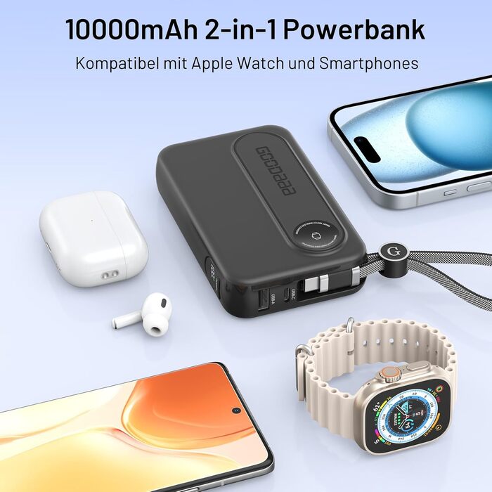 Бездротовий годинник Power Bank 10000 мАг з двома інтегрованими кабелями Швидка зарядка 22,5 Вт Портативний зарядний пристрій Зовнішній акумулятор мобільного телефону зі світлодіодним дисплеєм Сумісний для Apple Watch і смартфонів