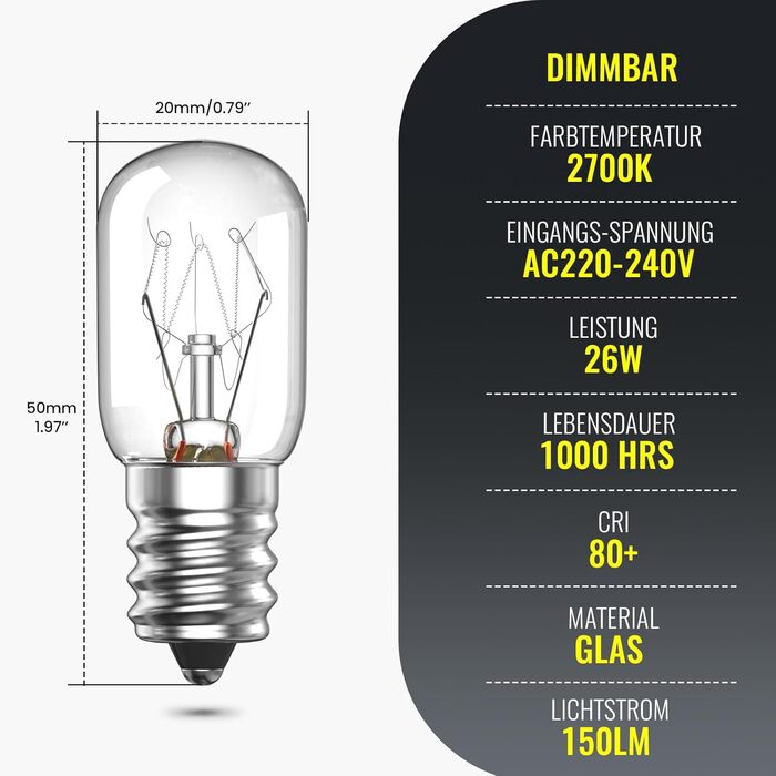 Лампа для духовки BrightWish 26 Вт E14 300 градусів для духовок і плит, соляна лампа, лампочка для холодильника, теплий білий 2700K, довговічна, упаковка з 3 шт.