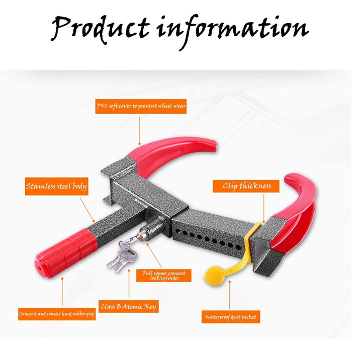 Блокування автомобільного колеса, Міцний захисний затискач колеса, Кіготь колеса, Паркувальний кіготь, Блокування колеса автомобіля, Протиугін, Блокування колеса човна, Причіп, Підходить для автомобілів, Ca, Причіп, Фургон