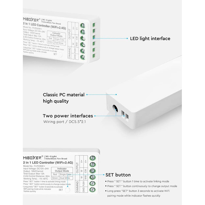 Контролер світлодіодної стрічки LGIDTECH FUT035W Miboxer 2-в-1 WiFi 2.4G, пряме керування додатком для смартфона, сумісний з голосовим керуванням Storeo Echo Alexa Google Home