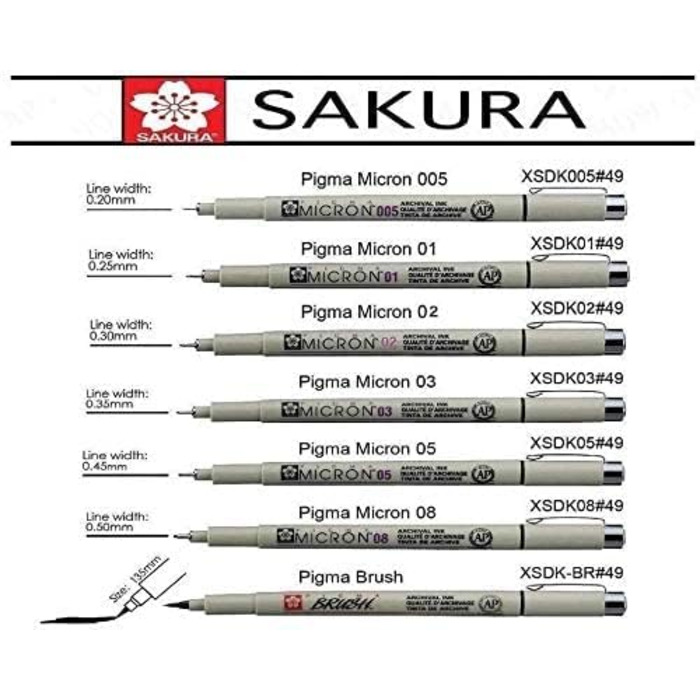 БІЛИЙ, 3 ручки Яскрава Біла в чохлі, MIX-Size 05/08/10, 7 fineliners Sakura Gelly Roll