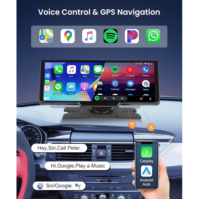 Портативна автомобільна стереосистема Podofo Wireless Carplay 10,26 дюйма з сенсорним екраном Бездротовий автомобільний Bluetooth/FM-передавач AUX Siri/Google asistant з камерою заднього виду DC7-32v