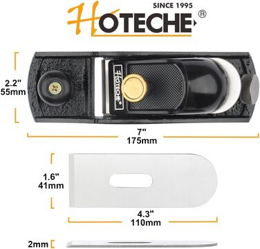 Рубанок Hoteche 394006 однією рукою -175 мм довжина корпусу, ширина леза 41 мм (точна обробка знизу та збоку, точне лиття, регульоване лезо, гладка поверхня)