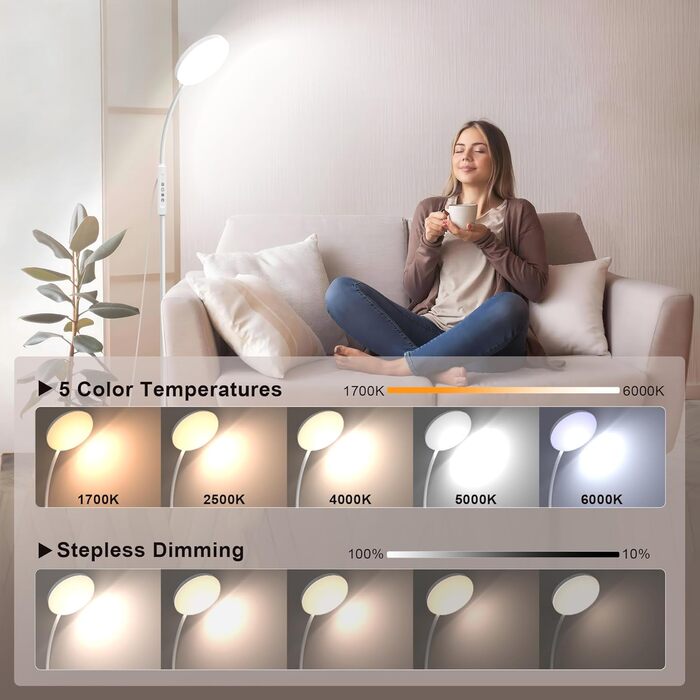 Торшер Mojimdo 20000 Lux Daylight Lamp - гнучка світлодіодна лампа для світлотерапії з регулюванням яскравості з 5 кольорами, 10 рівнями яскравості та таймером - ідеально підходить для спальні, вітальні та офісу - білий