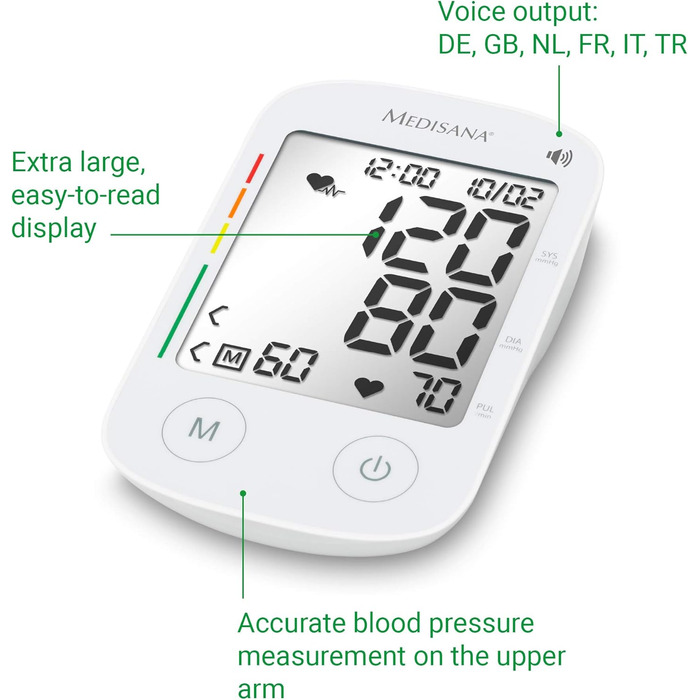 Голосовий тонометр на плече, точне вимірювання артеріального тиску та пульсу з функцією пам'яті та голосовим виведенням, шкала світлофора, функція відображення нерегулярного серцебиття Голосовий вихід та інструкція із застосування на мовах DE, GB, NL, FR,