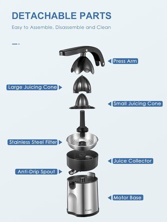 Електрична соковижималка для цитрусових, електрична соковижималка Reemix і соковижималка для апельсинів з професійним важелем, 2 прес-конусами для грейпфрута, апельсина та лимона, автоматичний старт-стоп (ABS нержавіюча сталь)
