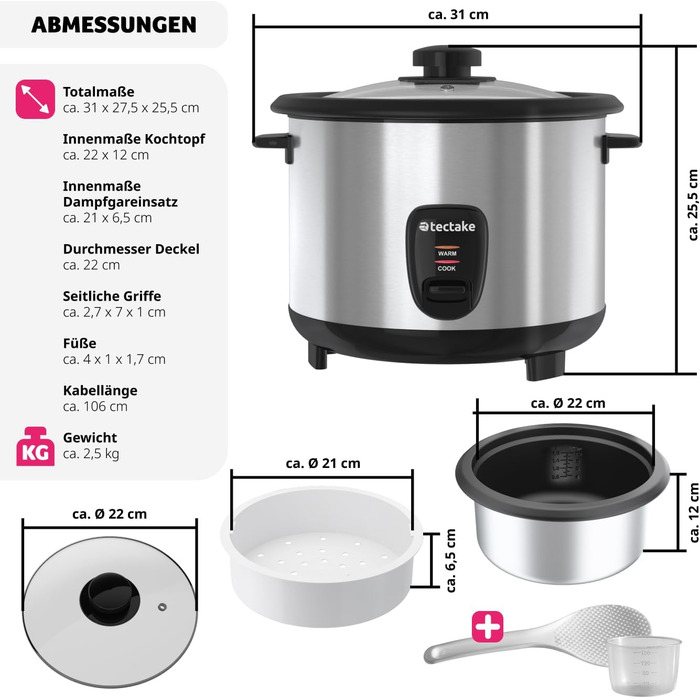 Рисоварка Tectake, рисоварка, каструля-пароварка, рисоварка зі вставкою для пароварки, каструля, каструля для кухні, великий об'єм 1,8 л, до десяти порцій клейкого рису, коричневого рису або рису для суші
