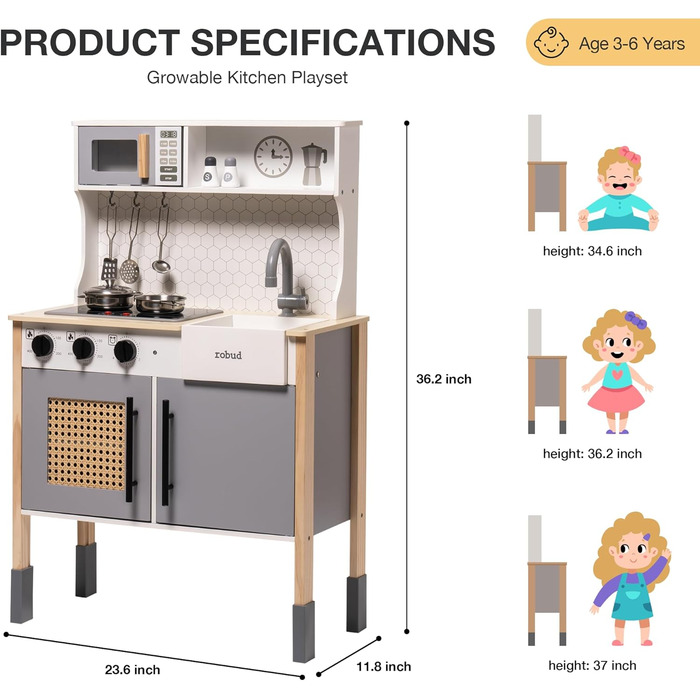 Дитяча ігрова кухня ROBUD, дерев'яна ігрова кухня зі звуками та світлом, сучасна вінтажна ігрова кухня для малюків, подарунок для хлопчиків та дівчаток, від 3 років (сірий) темно-синій